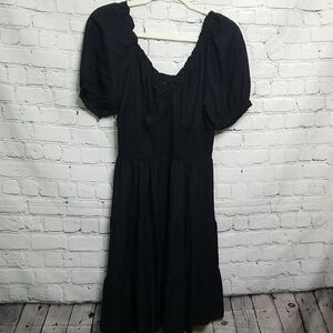 Black V Neck Puff Sleeve Tiered Dress Medium